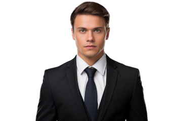 Confident young man in a suit with a serious expression, isolated on a transparent background. suitable for business and professional themes.