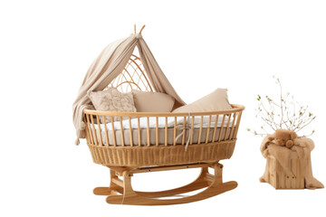 Cozy wooden baby cradle with canopy and decorative pillows, next to a potted plant, perfect for nursery decor and baby comfort.