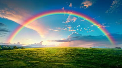 Naklejka premium Blissful Rainbow: Colorful Arc Over Verdant Field and Blue Sky