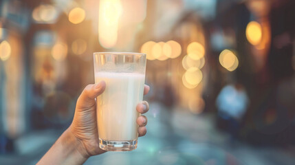 Persons hand holds glass of milk, the background is blurred with city lights, and the sun is setting - Powered by Adobe