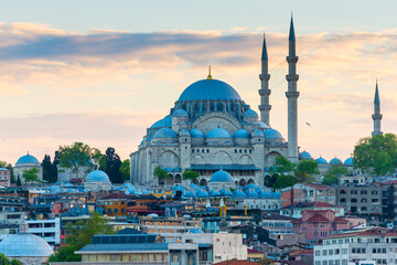 Hagia Sophia mosque at sunset in Istanbul. Istanbul city evening landmark