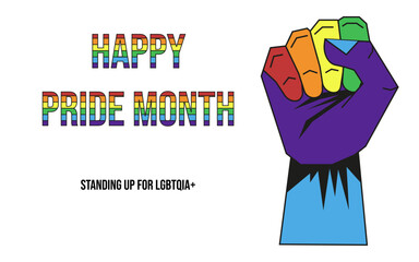Pride Month concept isolated white background. Pride Month web Banner design with Rainbow fist and Typography inscription. Vector with copy space. Editable stroke. 