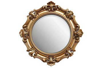 Elegant vintage round ornamental mirror with intricate gold frame design, perfect for classic home or vintage decor.