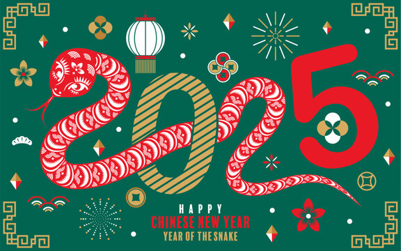 Happy chinese new year 2025  the snake zodiac sign with flower,lantern,pattern,cloud asian elements flat design style on color background. (Translation : happy new year 2025 year of the snake)
