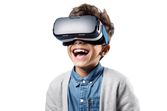 Joyful child experiencing virtual reality with a VR headset, amazed and smiling, in a casual outfit against a transparent background.