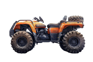 Fototapeta premium Side view of an orange all-terrain vehicle (ATV) with muddy tires and rugged design, isolated on a transparent background.