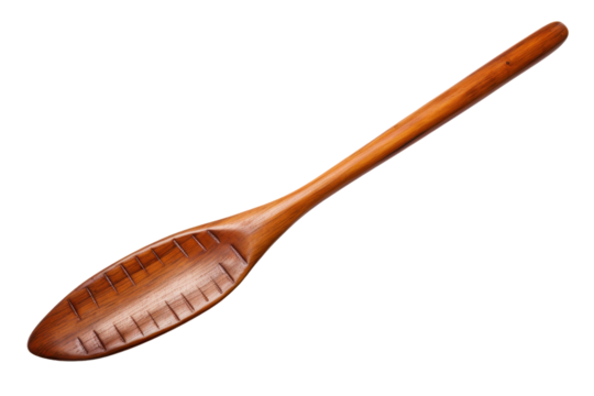 This is a carved wooden spoon featuring an intricate design, perfect for use in kitchens or as a decorative piece.