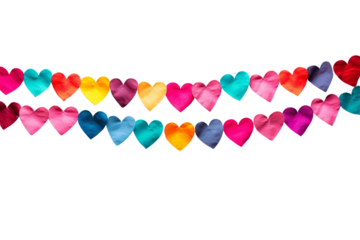 Vibrant heart-shaped paper garland string with multi-color hearts, perfect for festive decorations and celebrations, isolated on a transparent background.