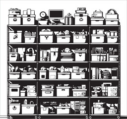 Shelving with various boxes and other items storage area