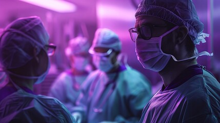 Surgeons in a high-tech operating room performing surgery under purple lighting, capturing the intensity and precision of the medical procedure.