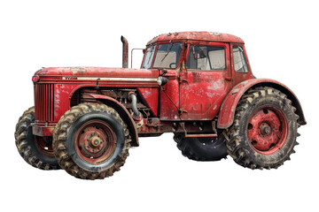 Vintage red tractor with rugged wheels isolated on transparent background. Historic farming machinery in weathered condition.