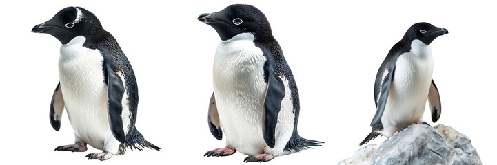 Three Adelie penguins standing in a row, isolated on a white background.