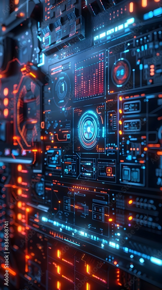 Poster futuristic digital interface with holographic controls and dynamic data visualization in sci fi tech