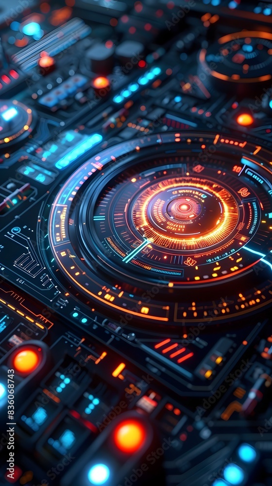 Poster futuristic digital interface with holographic controls and dynamic data visualization for technology