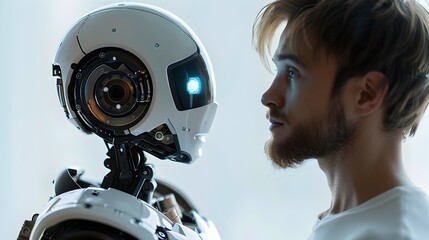Obraz premium Futuristic Robot Engaging with Humans in Friendly Technological