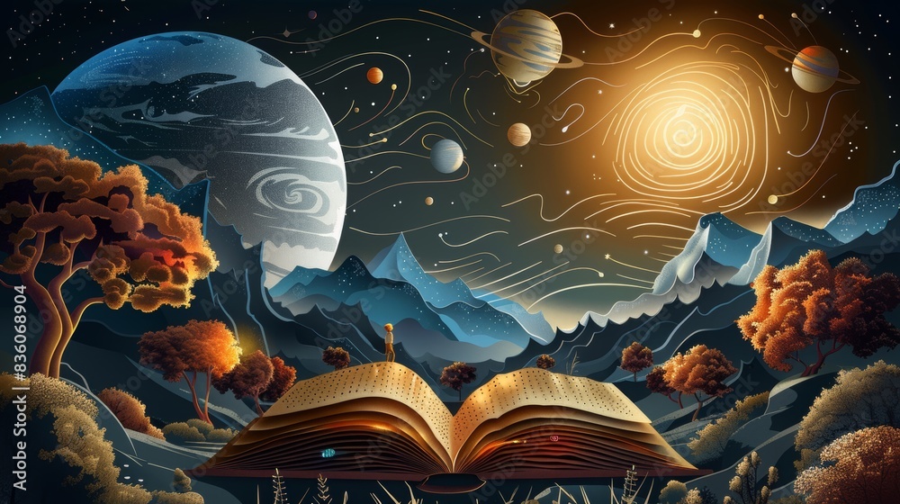 Wall mural a book is open to a page with a scene of a planet and a sun