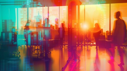 Obraz premium Vibrant office scene with colorful reflections and silhouettes of people, depicting a busy and dynamic work environment. Concept of office life, business, and modern work culture. 
