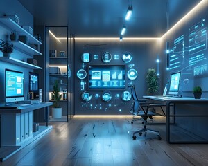 Fototapeta premium Sleek and Intelligent Digital Workspace with Connected Devices and Cutting Edge Technology
