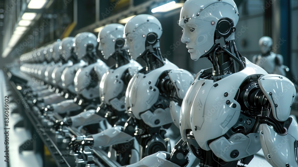 Poster industrial robots working on an assembly line, showcasing automation and efficiency in a modern fact