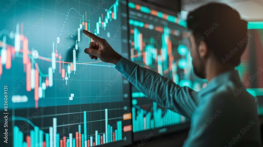 Poster A financial analyst presenting a stock market forecast to a group of investors, pointing to a graph on a projection screen during a seminar.