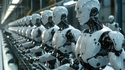 Fototapeta premium Industrial robots working on an assembly line, showcasing automation and efficiency in a modern factory setting