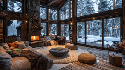 Spacious and cozy room with minimalist furniture, warm lighting, and sleek modern design