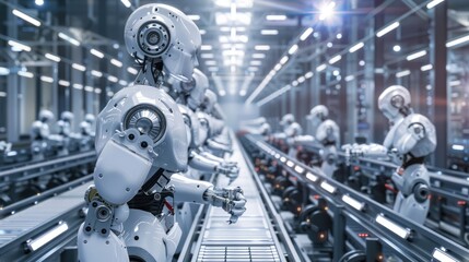 Fototapeta premium Industrial robots working on an assembly line, showcasing automation and efficiency in a modern factory setting