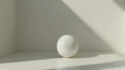 3D rendering of a simple scene with a white egg-shaped object sitting on a white surface in a white room.