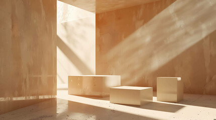 3D rendering of a simple and minimal scene with a spotlight on three podiums against a beige background.