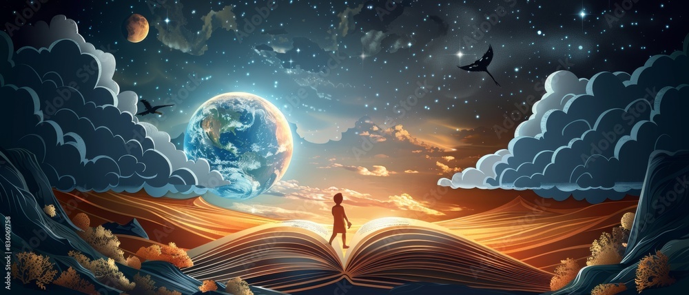 Wall mural a book is open to a page with a person standing in front of a planet
