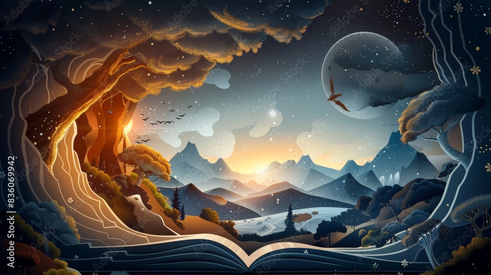 Wall mural a book is open to a page with a forest and mountains in the background