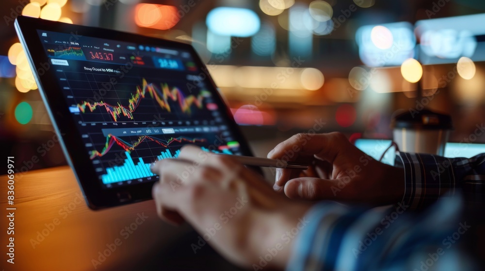 Poster A financial planner explaining stock market trends and investment options to clients, using a tablet to display interactive graphs and charts.