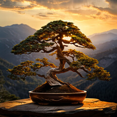 juniper bonsai at sunset with mountain view 