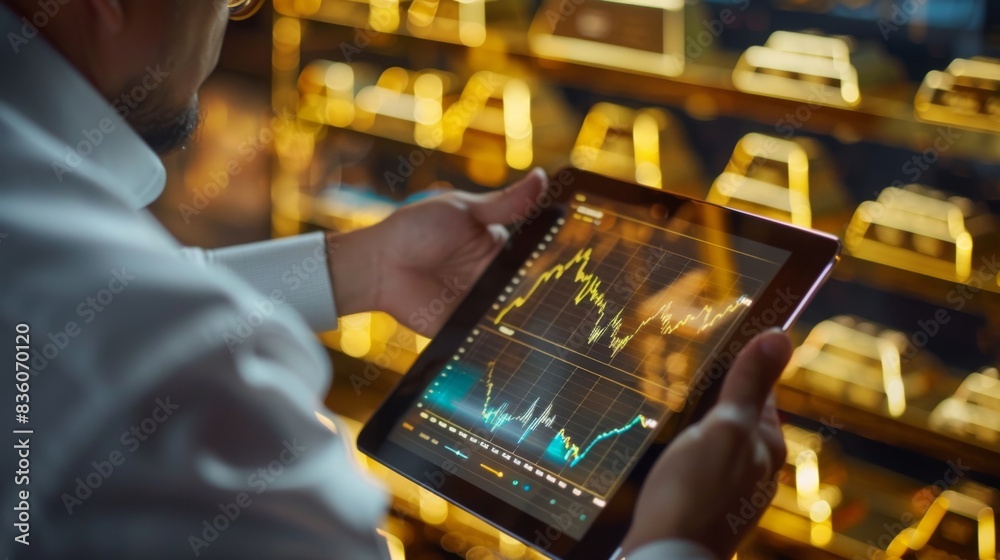 Poster a gold investor analyzing gold price graphs and performance metrics on a tablet, evaluating market t