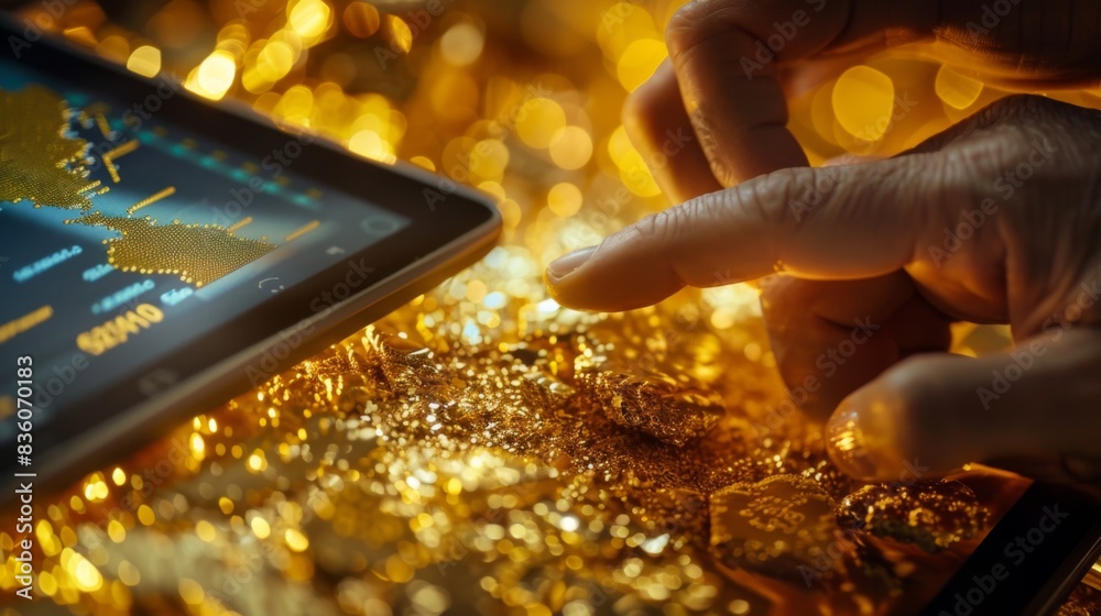 Poster a gold investor analyzing gold price graphs and performance metrics on a tablet, evaluating market t