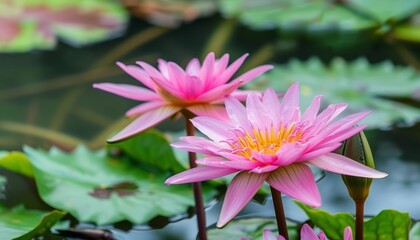 Fototapeta premium Pink Serenity: A Stunning Lotus Blossom Floating in a Pond