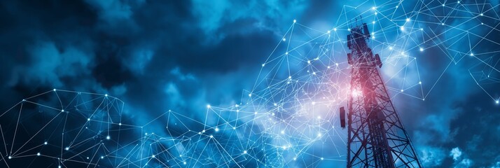 Digital transformation and connectivity concept image featuring a telecommunication tower with a network of lines and dots representing data communication