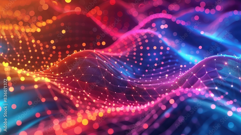 Poster abstract background with dotted waves and interwoven lines network connection pattern