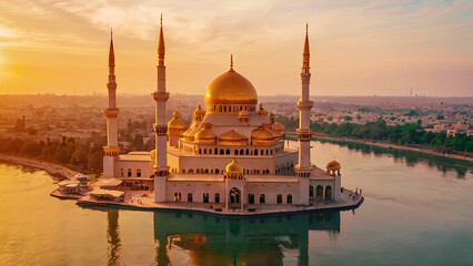 Naklejka premium Enchanting fantasy mosque bathed in the warm glow of sunset, featuring soaring minarets and a golden dome, reflecting on tranquil waters against a serene sky backdrop