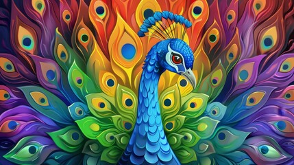 Fototapeta premium Illustration of a majestic peacock with colorful feathers spread out, showcasing its vibrant plumage.
