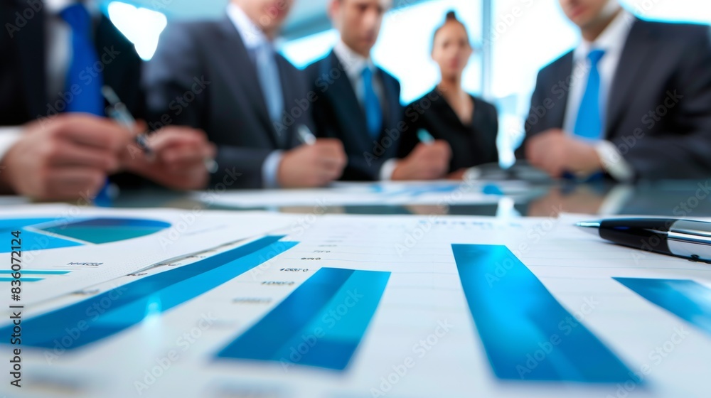Poster a group of executives discussing a business graph during a board meeting, brainstorming strategies f
