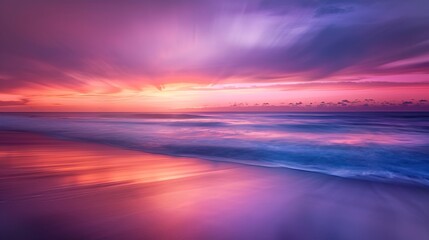 A colorful display lights up the horizon as the sun rises over an ocean beach, blending vivid colors into a captivating morning scene 