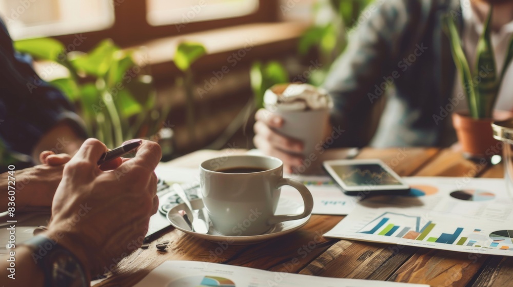 Poster a group of investors discussing stock market graphs and investment strategies over coffee, brainstor