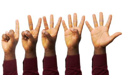 Set of counting black hands fingers in red long sleeves isolated on white background. Counting from 1 to 5