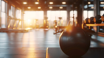 Abstract blur and defocused fitness sport equipment in gym room interior for background : Generative AI