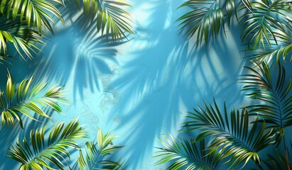 Vibrant tropical leaves casting shadows on a bright blue textured wall, creating a summer ambiance.