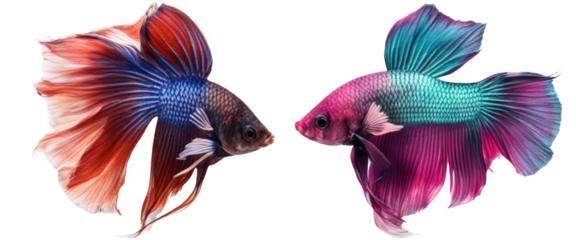 Two vibrant betta fish facing off isolate on transparent background, cutout, png