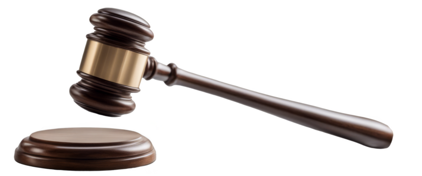 Wooden gavel and sound block isolate on transparent background, symbolizing law, justice, and courtroom decisions in a legal, cutout, png