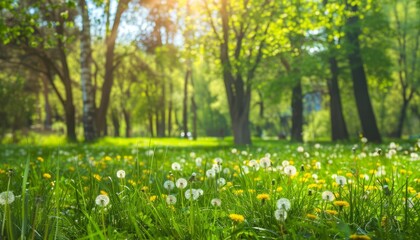 Springtime Serenity: A Lush Green Landscape with Blooming Dandelions