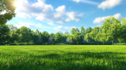 A vibrant, lush green field under a blue sky with white clouds.